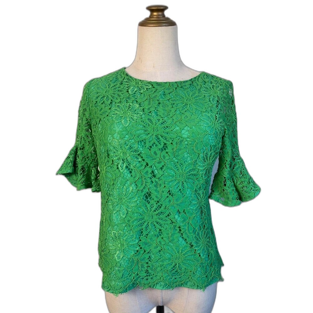 nanette lepore lucky green lace blouse ruffle 3/4 women xs cotton floral